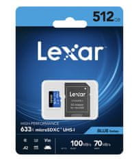 Lexar 512 GB visoko zmogljivega 633x microSDXC UHS-I (branje/pisanje: 100/70 MB/s) C10 A2 V30 U + adapter