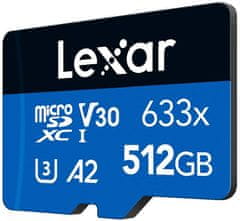 Lexar 512 GB visoko zmogljivega 633x microSDXC UHS-I (branje/pisanje: 100/70 MB/s) C10 A2 V30 U + adapter