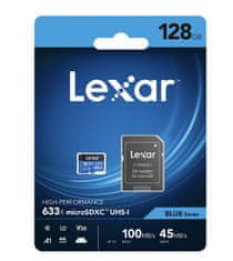 Lexar 128 GB visoko zmogljivega 633x microSDXC UHS-I (branje/pisanje: 100/45 MB/s) C10 A1 V30 U + adapter