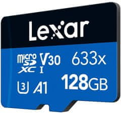 Lexar 128 GB visoko zmogljivega 633x microSDXC UHS-I (branje/pisanje: 100/45 MB/s) C10 A1 V30 U + adapter