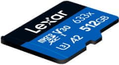 Lexar 512 GB visoko zmogljivega 633x microSDXC UHS-I (branje/pisanje: 100/70 MB/s) C10 A2 V30 U + adapter