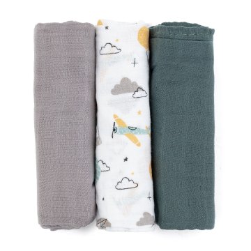 Petite&Mars PETITE&amp;MARS Komplet bambusovih muslinskih plenic 3 kosi Moussy Grey Planes, 68 x 68 cm