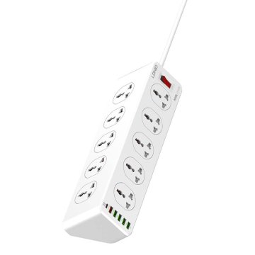 slomart napajalnik ldnio sc10610 z 10 vtičnicami, 5x usb, 1x usb-c, 2500W, eu/us, 2m (bela)