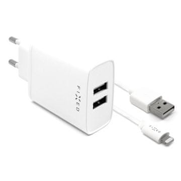 FIXED Omrežni polnilec Fixed 2xUSB, 15W Smart Rapid Charge + Lightning MFi kabel 1m - bela