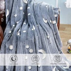 Netscroll Magična odeja, ki se sveti v temi, motiv zvezd in lune, izjemno mehka in topla, sive barve, svetleča odeja je odlična ideja za darilo, 150x100 cm, BlanketStar