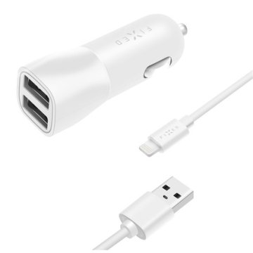 FIXED Avtomobilski adapter Fixed 2xUSB, 15W Smart Rapid Charge + Lightning MFi kabel 1m - bela