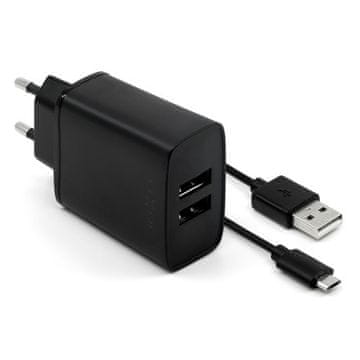 FIXED Omrežni polnilnik Fixed 2xUSB, 15W Smart Rapid Charge + Micro USB kabel 1m - črn