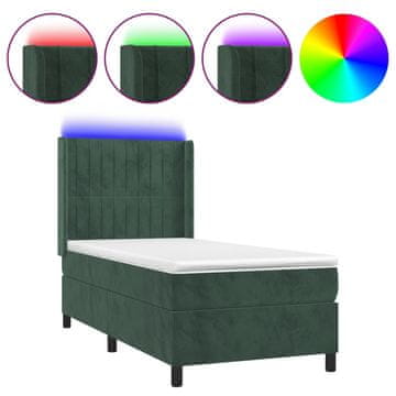 Vidaxl Box spring postelja z vzmetnico LED tem. zelena 90x190 cm žamet