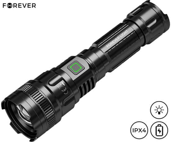 Forever POWER ročna LED svetilka, 700 lum, 3 načini, ZOOM, polnilna baterija, IPX4, USB-C