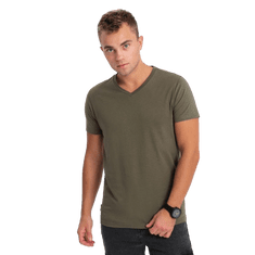 OMBRE Moška klasična bombažna majica z vratnim izrezom BASIC temno olivna MDN124300 XL