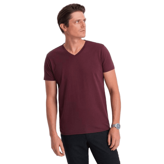 OMBRE Moška klasična bombažna majica z vogalom BASIC burgundske barve MDN124303