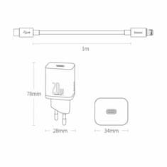 BASEUS polnilec s kablom 20W TipC/ Lightning bel QC Super Si TZCCSUP-B02