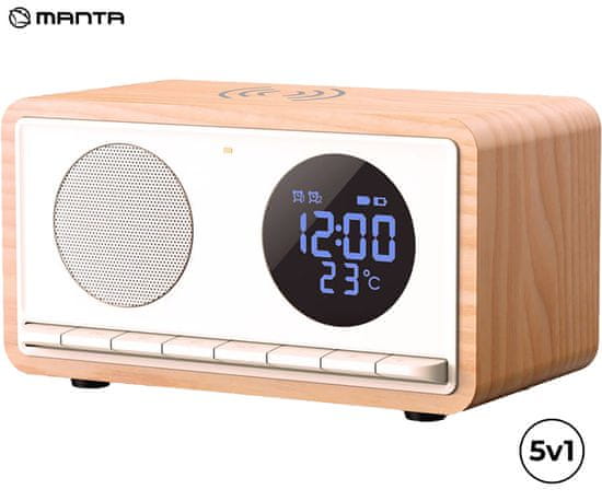 Manta RDI912 RIMINI radio/ura/budilka/ Qi polnilec, 5v1, FM Radio, Bluetooth, baterija, microSD/AUX/USB-C, bel (Arctic White)