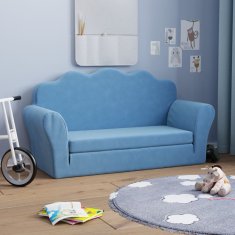 Vidaxl Raztegljiv otroški kavč dvosed moder mehak pliš