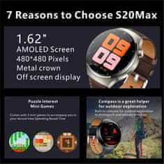 Smart Plus Pametna ura S20 Max 1,62 palca - Bluetooth klici, kompas, NFC, AI glasovne funkcije, brezžično polnjenje, šport in spremljanje telesne pripravljenosti za moške