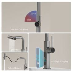 Netscroll Večnamenska izvlečna armatura, izvlečna pipa z različnimi načini pretoka vode, LED zaslon z temperaturo, za kuhinjski ali kopalniški umivalnik, 360° rotacija, FaucetLux, črna
