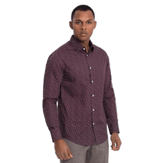 OMBRE Moška bombažna vzorčasta srajca SLIM FIT burgundske barve MDN124409 M