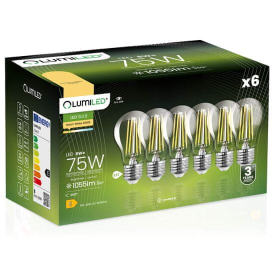 LUMILED 6x LED žarnica E27 A60 8W = 75W 1055lm 3000K Toplo bela 360° Filament