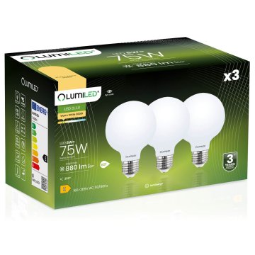 LUMILED 3x LED žarnica E27 G95 8W = 75W 880lm 3000K Toplo bela 360° Filament mlečni mehurček