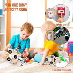 Netscroll Didaktična kocka, didaktična igrača 7 v 1, ki spodbuja vsa področja otrokovega razvoja, spinner, ključavnica z 2 ključema, zapah, kolešček, stikalo, navoj in matica, zavoj fine motorike, BusyCube