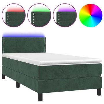 Vidaxl Box spring postelja z vzmetnico LED tem. zelena 90x190 cm žamet