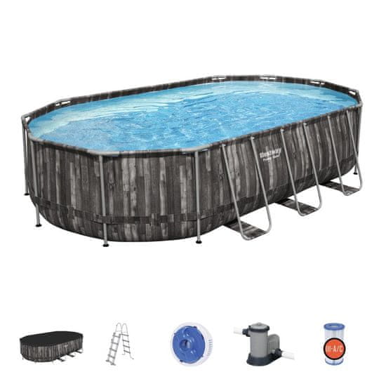 Bestway Montažni bazen Power Steel Oval | 610 x 366 x 122 cm z vzorcem lesa s kartušno filtrsko črpalko
