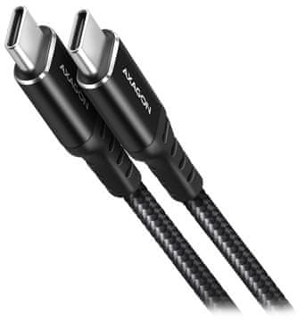 AXAGON podatkovni in polnilni kabel USB-C do USB-C / USB-C / USB2.0 / 3A / PD 60W / pleten / 2 m / črn