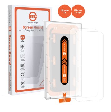 Mobile-origin Orange Screen Guard iPhone 15 Pro/15 with easy applicator, 2 pack