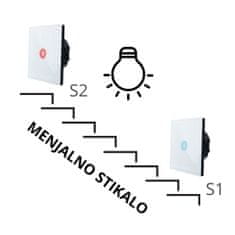 TIMMLUX Stekleno stikalo na dotik menjalno (stopniščno) S1 (opcija S2 ali RF daljinec) enojno belo z LED indikatorjem