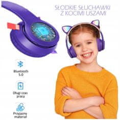 SATIS Vijolične LED brezžične bluetooth slušalke z mačjimi ušesi + mikrofon