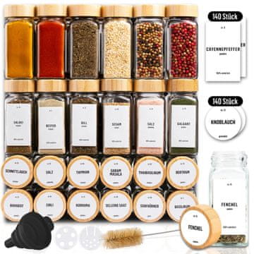 Deco Haus Komplet 24 kozarčkov za začimbe s pokrovčki iz bambusa – nalepke, lijak, krtačka, marker – ustreza stojalom za začimbe s 4 policami – kozarci za shranjevanje in doziranje (120 ml, 10,5 x 4,3 cm)