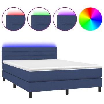 Vidaxl Box spring postelja z vzmetnico LED modra 140x200 cm blago