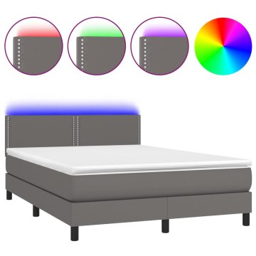 Vidaxl Box spring postelja z vzmetnico LED siva 140x200cm umetno usnje