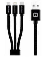 SWISSTEN podatkovni kabel 3v1 MFi, 1,2 m, tekstil, (micro USB, USB-C, Lightning), črn