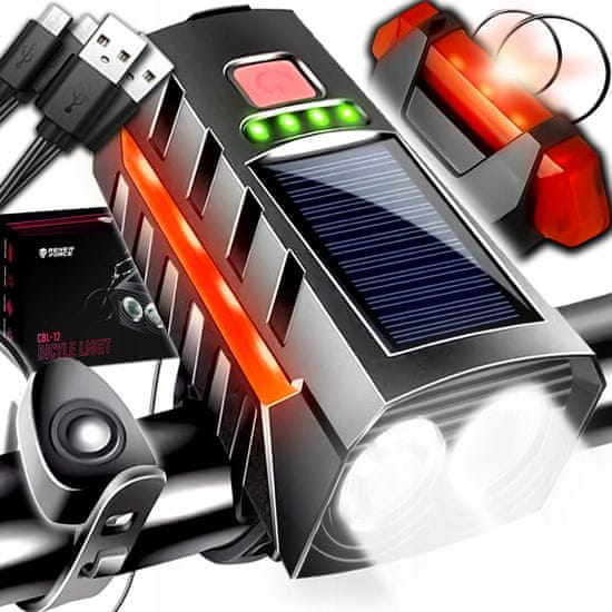 Dexxer Set solarne aku. LED kolesarske svetilke in sirena 1200lm USB + zadnja luč