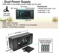Dexxer 4v1 lesena moderna elektronska budilka in termometer 15cm črna