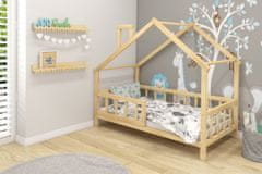 Adbor Otroška postelja Hiška 3 z ograjico + letveno dno, natur, 70x140