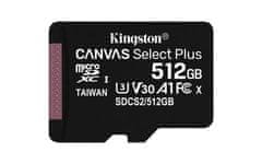 Kingston 512GB microSDHC CANVAS Plus pomnilniška kartica 100MB/85MB- UHS-I class 10 Gen 3 - brez adapterja