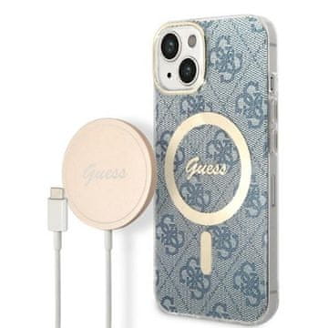 shumee Guess Bundle Pack MagSafe 4G - komplet ovitka MagSafe za iPhone 14 Plus + polnilnika (modro/zlato)