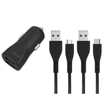 shumee Energizer HardCase - Avtomobilski polnilnik 2x USB-A 2.4A + USB-C in Micro USB kabel (črn)