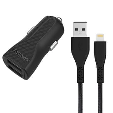 Energizer Energizer HardCase - 2x USB-A 17W 3,4A avtomobilski polnilnik + MFi certificiran Lightning kabel (črn)