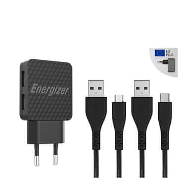 shumee Energizer HardCase - Kompaktni stenski polnilnik 2x USB-A + USB-C in Micro USB kabel (črn) Doživljenjska garancija