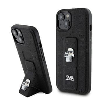 Karl Lagerfeld Stojalo za oprijem Karl Lagerfeld Saffiano Karl & Choupette Pins - ovitek za iPhone 15 Plus (črn)