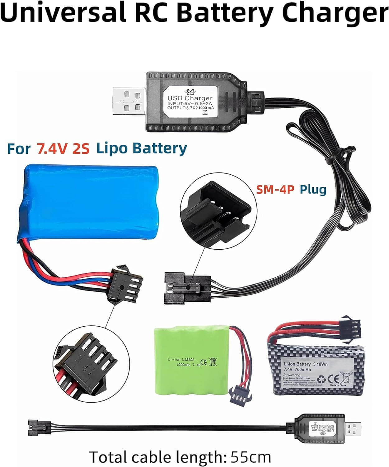YUNIQUE GREEN-CLEAN-POWER USB-Ladekabel SM-2P – 2 Stück, Ausgang 250 MAh, Für 6V Ni-MH Akkus, Hellblau, Ideal Für RC-Auto, Hubschrauber & Modellbau
