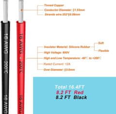 YUNIQUE GREEN-CLEAN Silikonska žica 16 AWG fleksibilna električna žica 5 metrov [2,5 m črna & 2,5 m rdeča] Konzervirani bakreni žični kabel Odpornost na visoke temperature