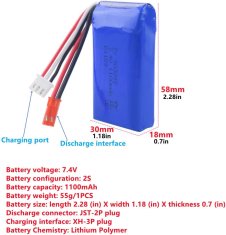 YUNIQUE GREEN-CLEAN Komplet 2 litijevih baterij 7.4V 1100mAh s polnilnikom - združljiv z WLtoys A949, A959, A969, A979, K929, V912, V913, L959