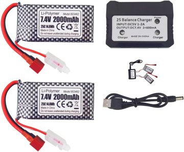 YUNIQUE GREEN-CLEAN Komplet 2 LiPo baterij 7.4V 2000mAh s T-vtičem in polnilnikom 2v1 - združljiv z modeli RC 9200, 9200E, 200E, 9202E, HM101, 9125, S920, S921, HB101 in WLtoys