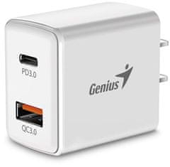 Genius PD-20AC, napajalnik, omrežni polnilnik, 1× USB, 1× USB-C, 3A, Quick Charge 3.0, PD 3.0, 20W,100-240V, bela