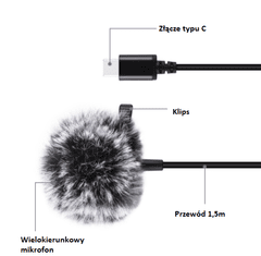 Puluz Tie Jack mikrofon s sponko PU425 1,5 m USB-C