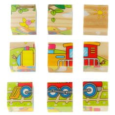WOWO Poučne kocke Puzzle - Lesene izobraževalne kocke Puzzle - Vozila 6v1, 9 kosov